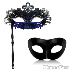 HyperFun Couple Masquerade Mask with Holding Stick Blue Black