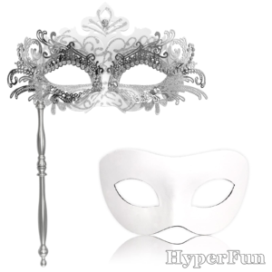 HyperFun Couple Masquerade Mask with Holding Stick Sliver