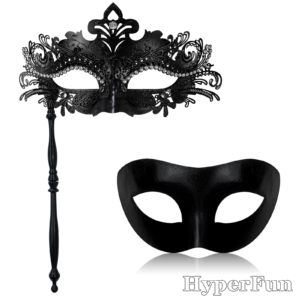 HyperFun Couple Masquerade Mask with Holding Stick Black White