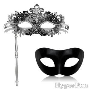HyperFun Couple Masquerade Mask with Holding Stick White Black